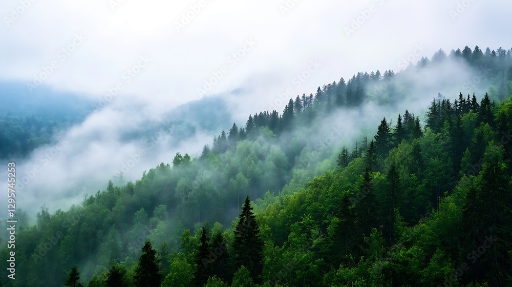 Poster serene misty forest landscape with lush green trees and rolling hills : generative ai
