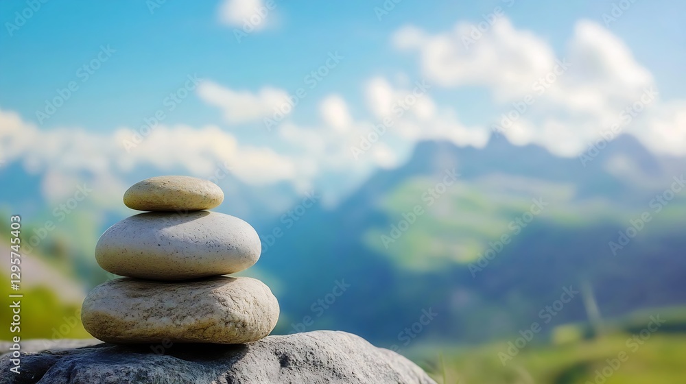 Aufkleber Stacked Smooth Stones on Rugged Rock with Blurred Mountain Peaks in Background : Generative AI