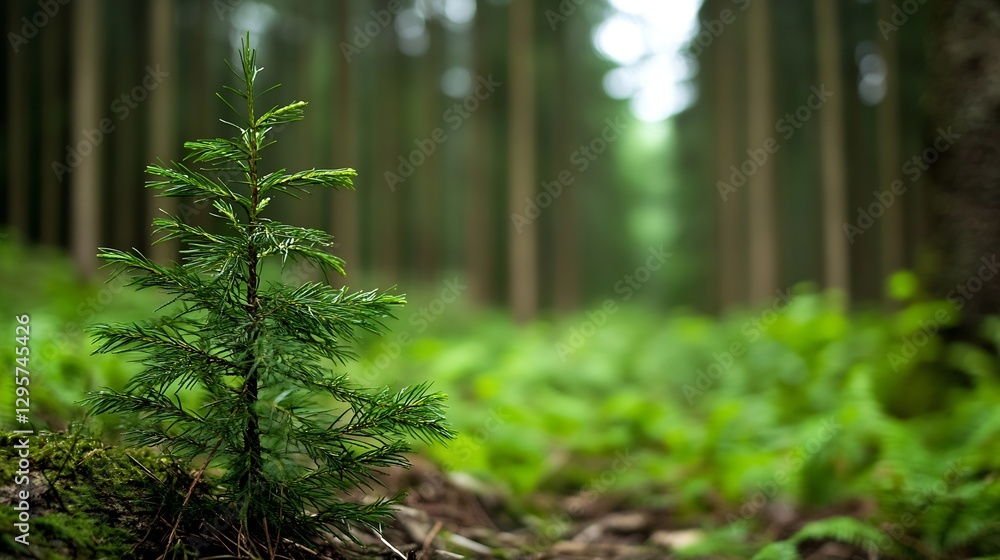 Poster young pine tree surrounded by lush greenery in a misty enchanted forest : generative ai