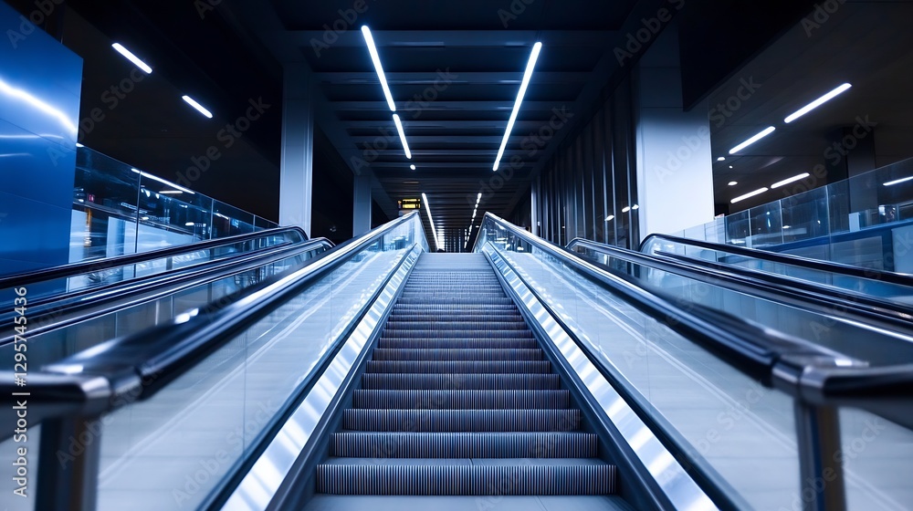 Poster modern escalator in a contemporary building illuminated with bright blue lights : generative ai