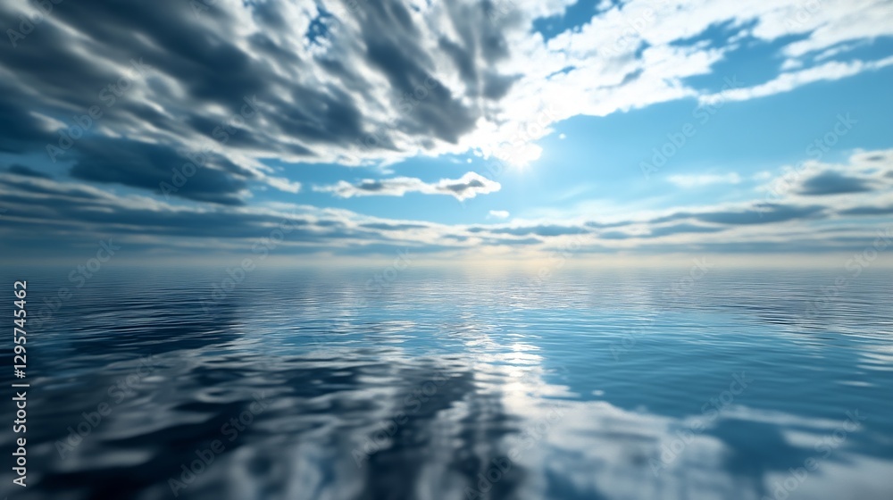 Leinwandbilder calm and serene ocean view under a blue sky with fluffy white clouds reflected on water surface : ge
