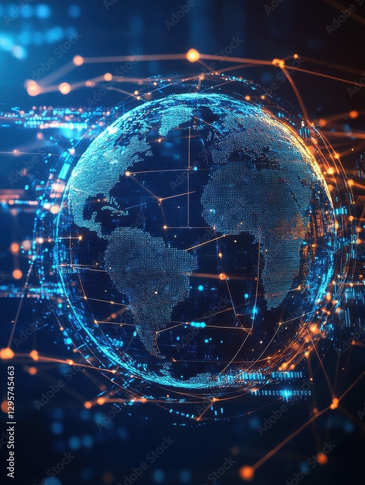 Poster blockchain technology futuristic hud background with world globe and blockchain polygon peer to peer