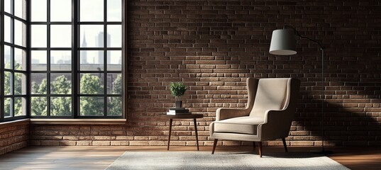 Urban loft room with armchair and city view