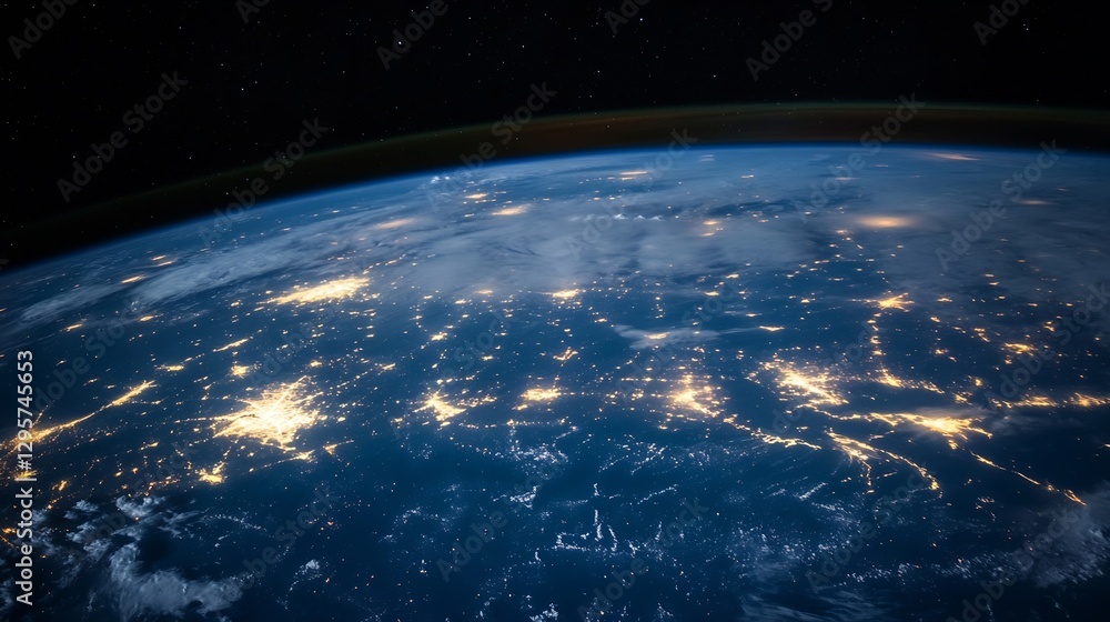Poster beautiful view of earth from space showing cities illuminated by night with stars : generative ai