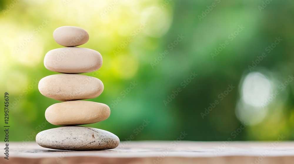 Aufkleber balanced pebble stones stacked in a harmonious arrangement on a wooden surface : generative ai
