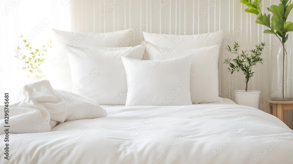 Aufkleber cozy and inviting white bedding with fluffy pillows in a serene bedroom setting : generative ai
