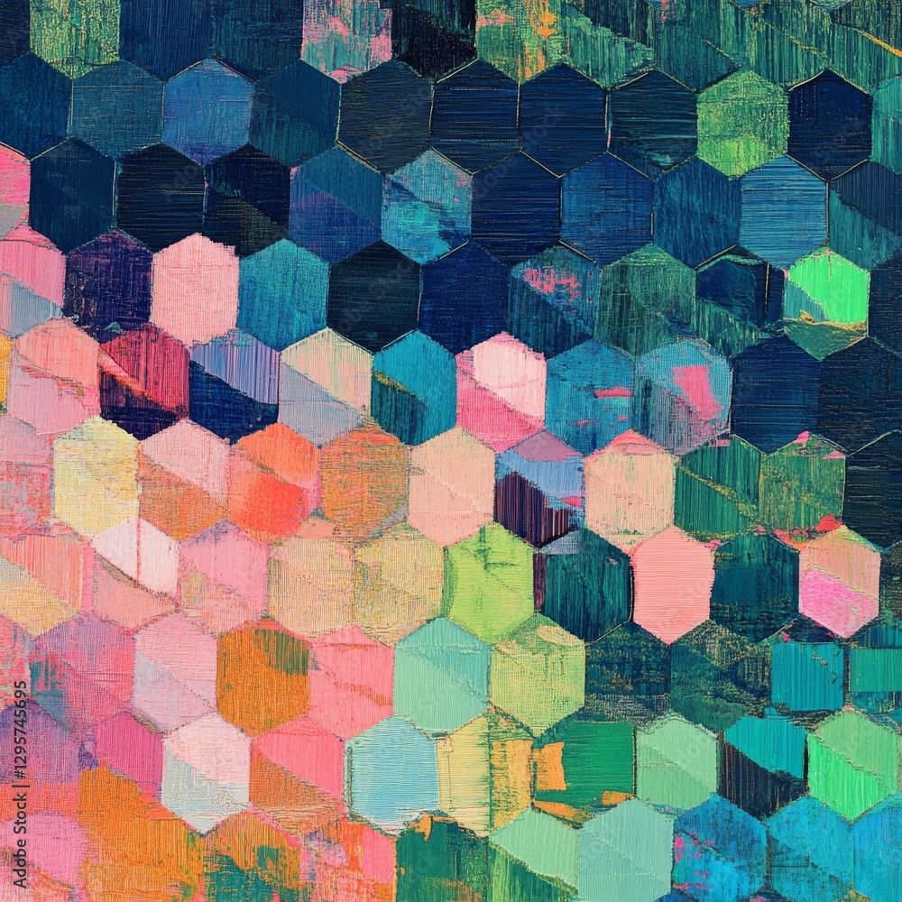 Leinwandbilder abstract hexagon mosaic: a colorful geometric pattern with textured brushstrokes and a playful blend
