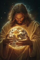 Naklejka premium Jesus Holding the Earth with Love and Care