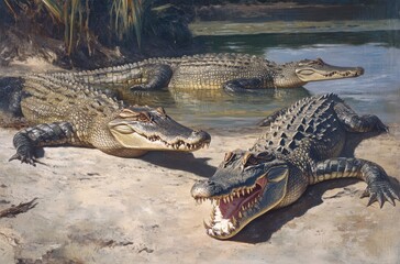 Fototapeta premium Three Realistic Crocodiles Sunbathing on the Riverbank Surrounded by Nature Under Bright Sunlight in a Serene Environment