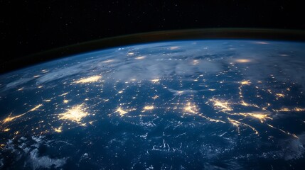 Fototapeta premium Beautiful View of Earth from Space Showing Cities Illuminated by Night with Stars : Generative AI