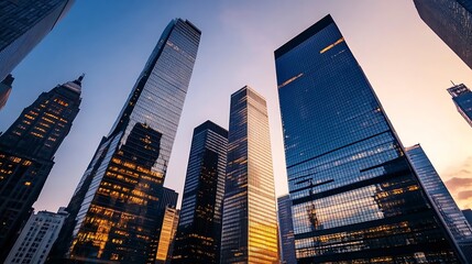 Naklejka premium Stunning Skyscraper Skyline at Sunset with Reflective Glass and City Lights : Generative AI