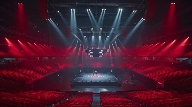 Illuminated mma arena showcasing clear view of main stage and empty seating area
