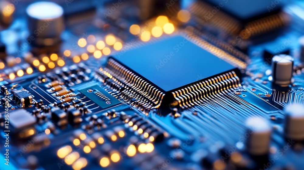 Poster Detailed View of Electronic Circuit Board with Illuminated Parts : Generative AI