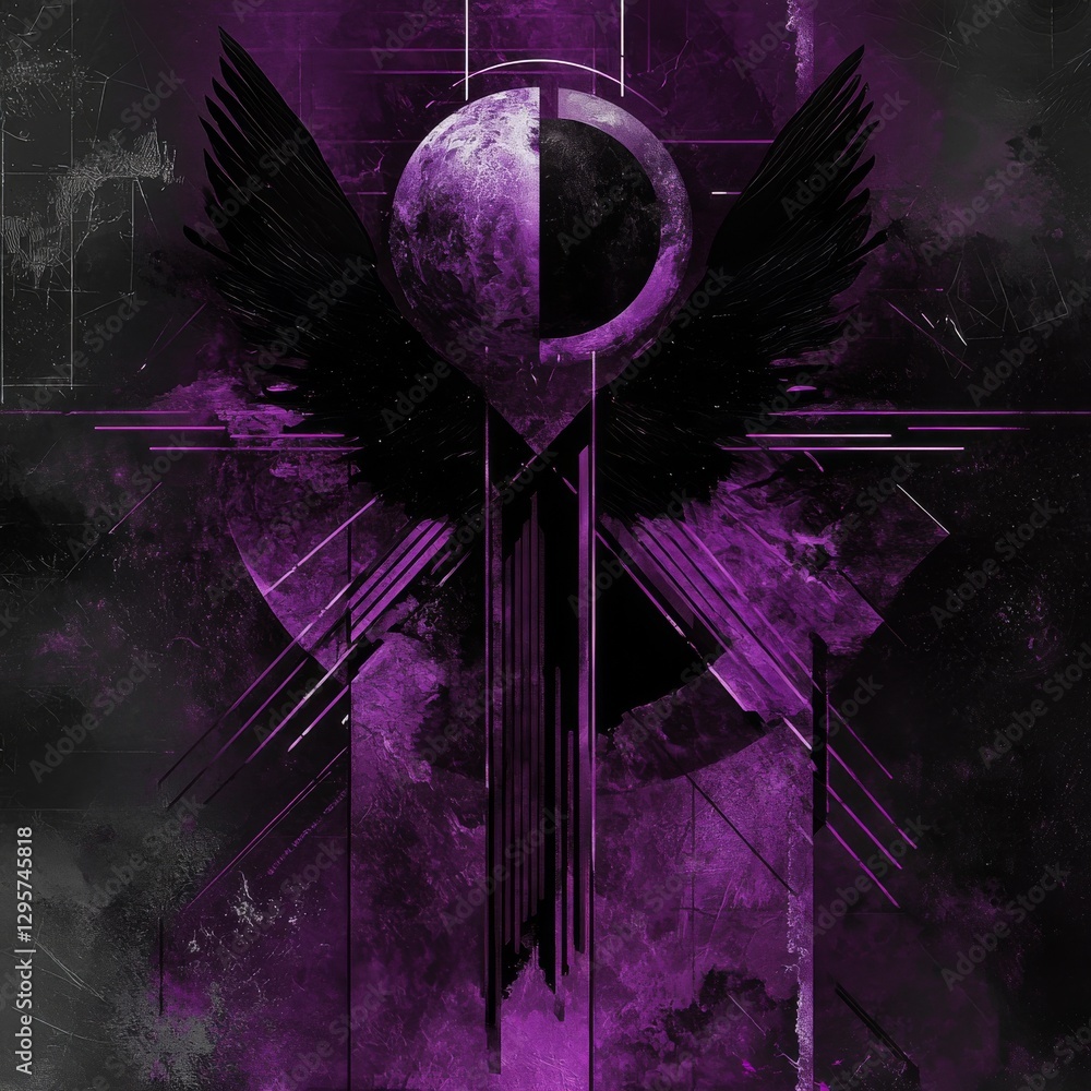 Aufkleber abstract purple and black: winged orb with geometric elements in a dark textured composition.