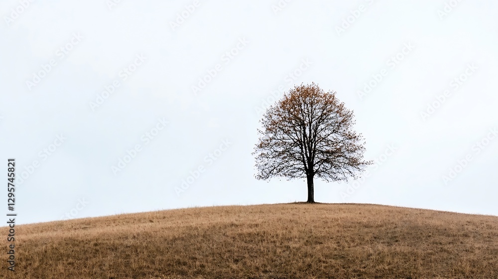 Poster Solitary tree standing on a hill with dry grass under a cloudy sky creating a tranquil landscape : Generative AI
