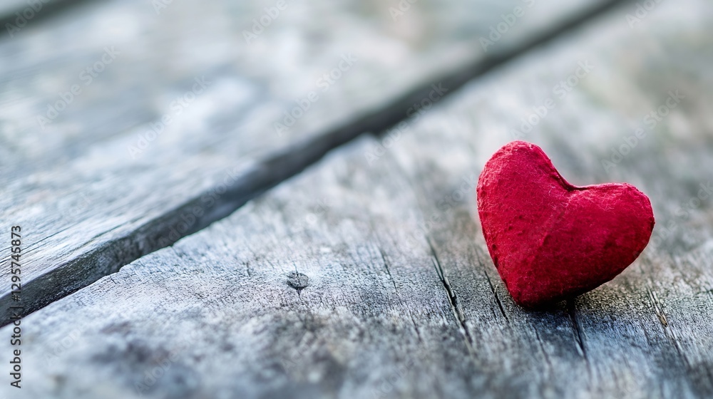 Poster Heart Shaped Red Felt Object Resting on Wooden Surface for Romantic Themes : Generative AI
