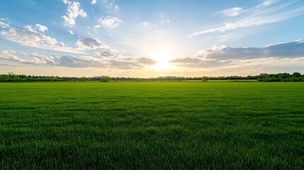 Obraz premium Expansive green field under a beautiful blue sky during sunset showcasing nature's tranquility : Generative AI