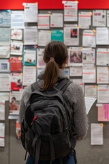 A college campus bulletin board filled with flyers about scholarship programs. A student stops to read about the latest opportunities, Generative AI 