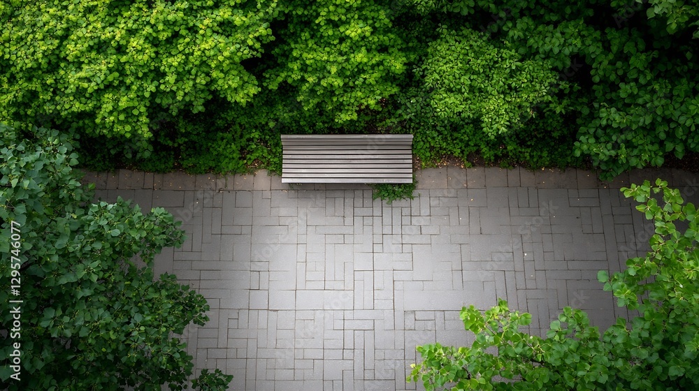 Poster aerial view of a park path surrounded by lush green foliage and a solitary bench : generative ai