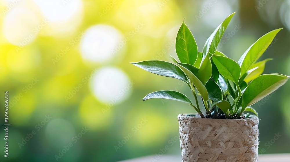 Poster fresh green leaves in a woven pot illuminated by natural glowing sunlight in a soft blurred backgrou