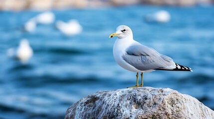 Fototapeta premium Seagull perched on a rock overlooking a serene blue ocean with soft waves in the background : Generative AI