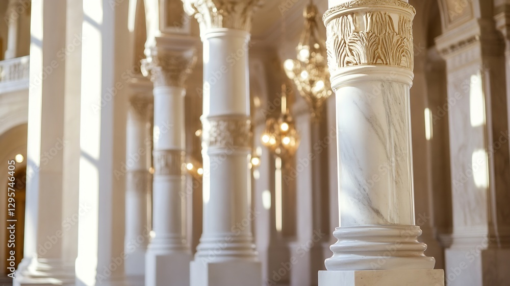 Poster elegant architectural details of grand pillars illuminated by soft light inside a luxurious indoor s
