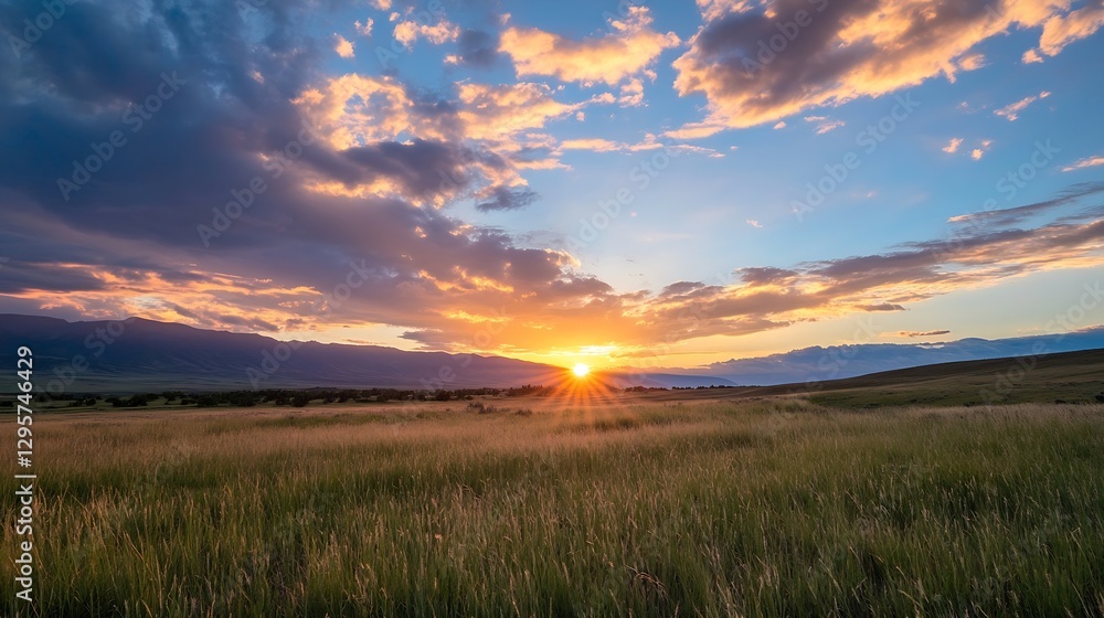 Poster vibrant sunset illuminating a vast field with soft grass and hills while warm golden light casts dra