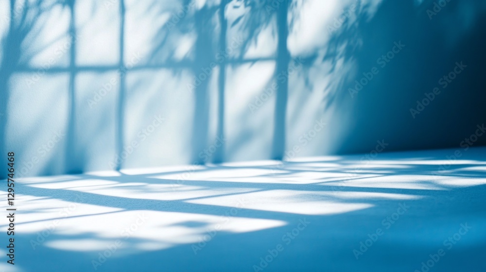 Poster sunlight streams through a window, casting delicate shadows that intertwine on a calming blue surfac