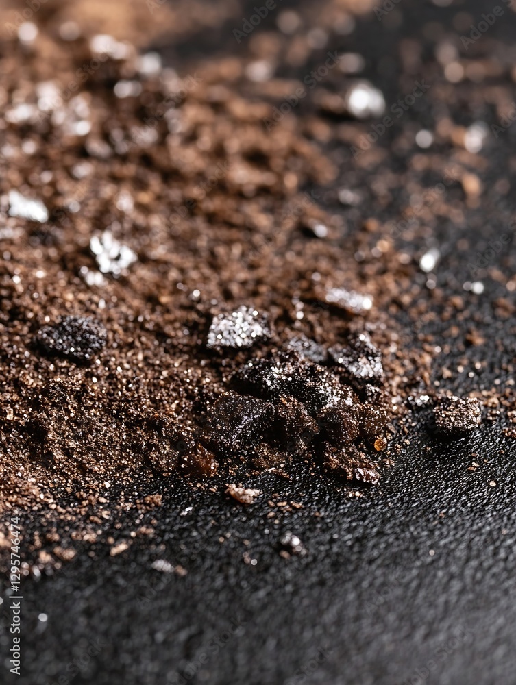 Poster macro shot of dark brown coffee grounds spread on black surface with texture : generative ai