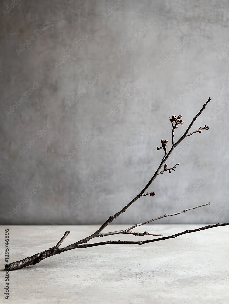 Poster An artistic presentation of a minimalistic branch with budding leaves set against a textured gray backdrop : Generative AI
