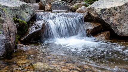 Fototapeta premium Tranquil flowing water stream cascading over rocks in a peaceful natural setting : Generative AI