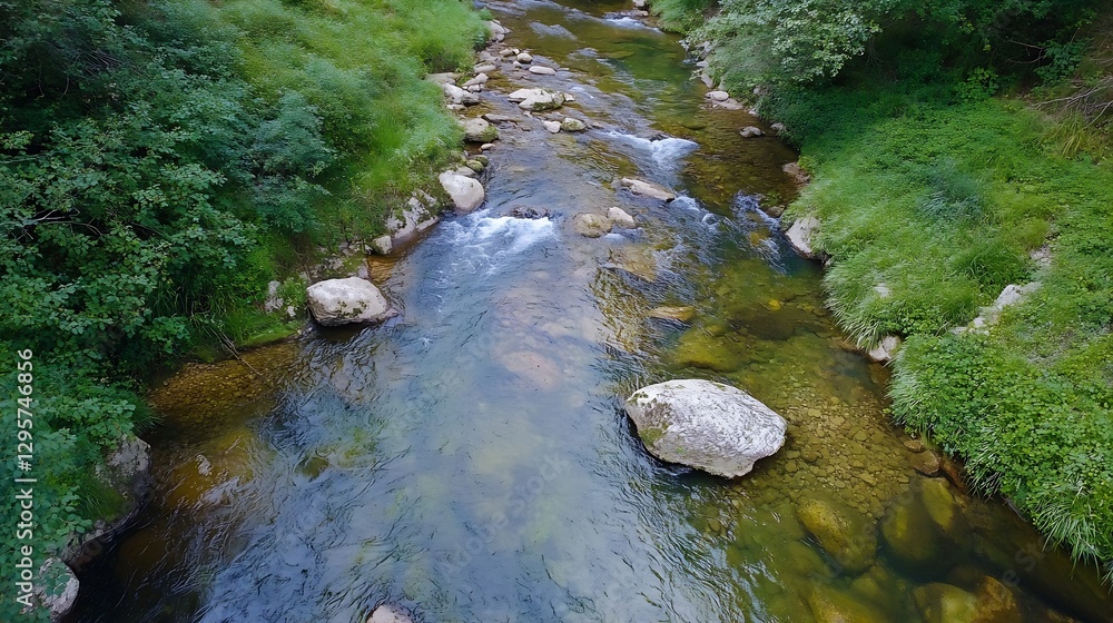 Aufkleber aerial view of a serene river flowing through lush green foliage and rocks in nature : generative ai