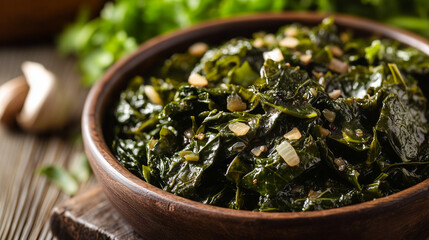 Close-up of Ethiopian Gomen collard greens with garlic and onions