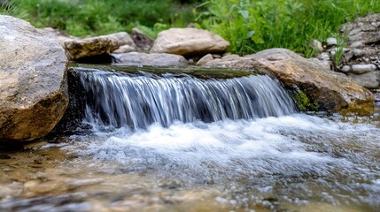Fototapeta premium Clear mountain stream cascading over stones surrounded by vibrant green foliage on a sunny day : Generative AI