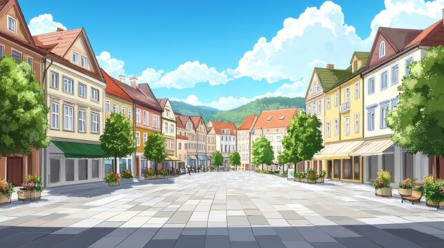 background layer of town square in Slovakia featuring colorful buildings and sunny skies