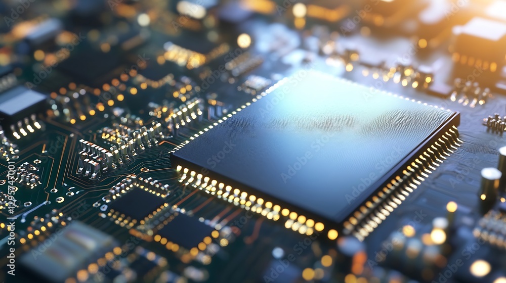 Aufkleber Close Up of Modern Microchip on Circuit Board with Glowing Elements : Generative AI