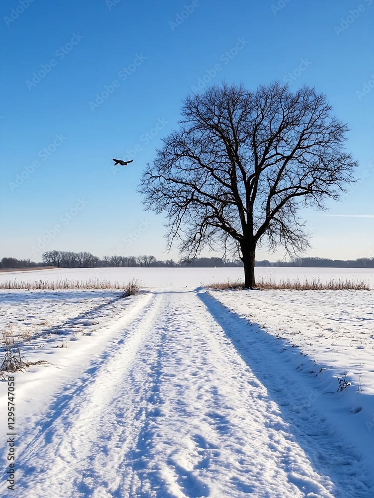 Poster winter landscape with bare tree and snowy path under bright blue sky on a clear day : generative ai