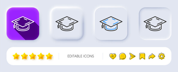 Graduation cap line icon. Neumorphic, Flat shadow, 3d buttons. Education sign. Student hat symbol. Line graduation cap icon. Social media icons. Vector