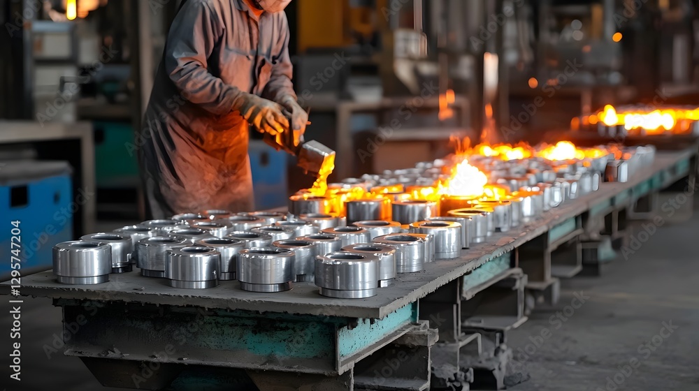 Poster Precision metalwork components being produced through the intricate process of vacuum casting in a dimly lit industrial workshop setting