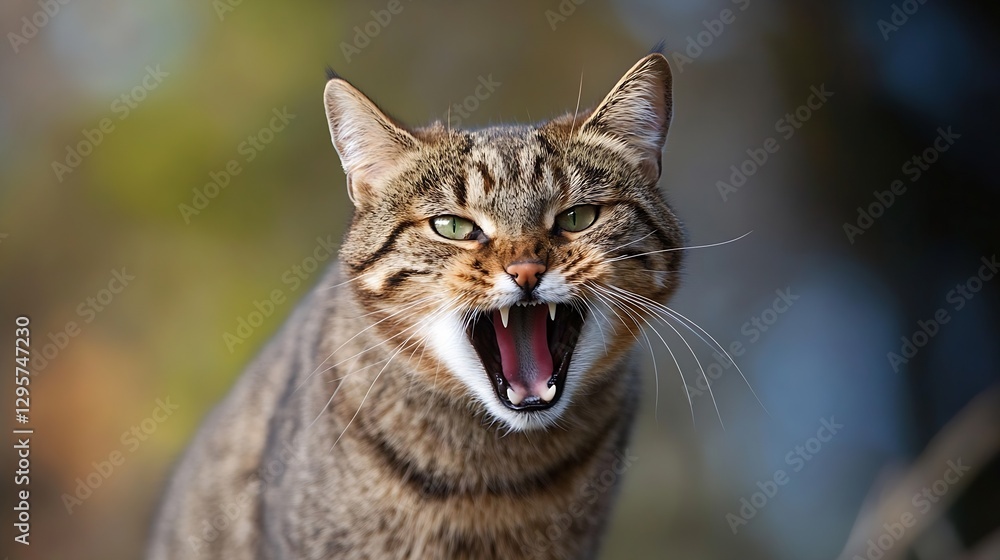 Poster Intense closeup of a tabby cat showing aggressive behavior with an open mouth : Generative AI