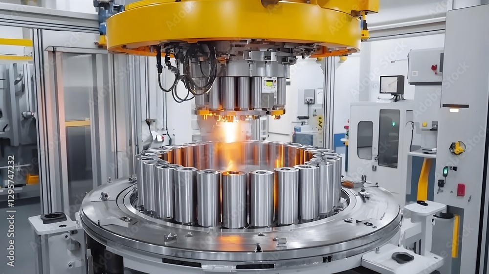 Aufkleber Rapid spinning centrifugal casting machine rapidly spinning and shaping molten metal into precise cylindrical forms in an industrial factory setting