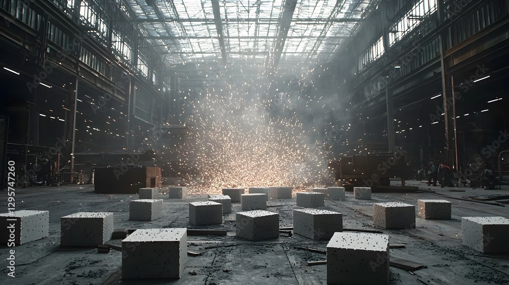 Poster photographic image depicting the lost foam casting process where foam patterns are being replaced by molten metal in an industrial foundry or workshop setting