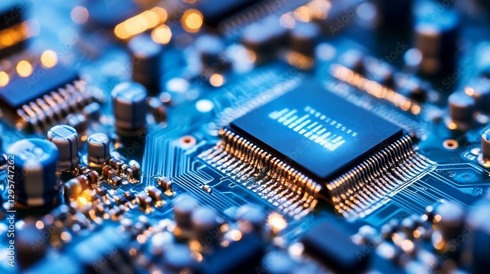 Aufkleber Close Up of a Microchip on a Circuit Board with Bright Lights and Connections : Generative AI