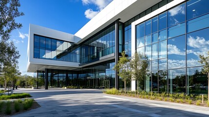 Obraz premium Modern glass building exterior with lush greenery and vibrant blue sky reflections in urban architecture : Generative AI