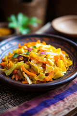 Ethiopian Atakilt Wat cabbage and carrot stir-fry in a decorative bowl