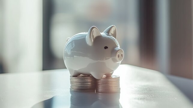 Stack of coins tipping over into a white piggy bank, symbolizing financial planning.