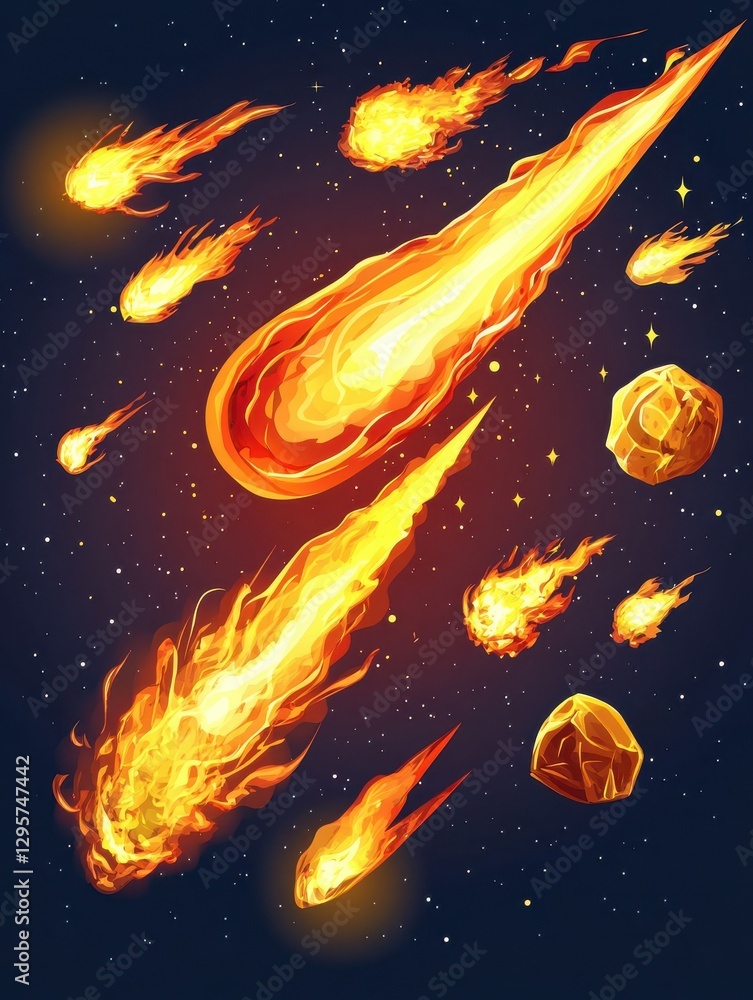 Poster comet asteroid and meteorite. cartoon space objects. atmospheric fireballs vector set