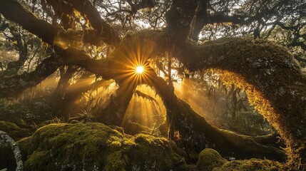 Obraz premium Sun rays piercing through the canopy, illuminating a mossy forest floor at dusk.