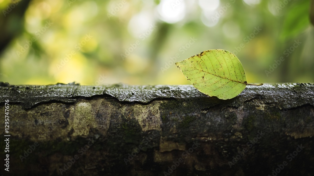 Poster vibrant green leaf on a wooden log capturing the essence of nature and tranquility in the forest : g