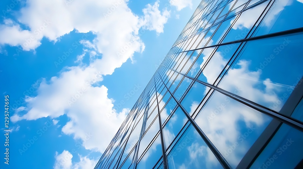 Poster tall glass building reflecting blue sky with fluffy clouds and modern architecture design : generati